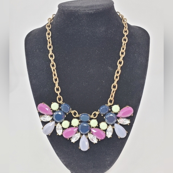 J. CREW MULTI-COLORED RHINESTONE STATEMENT NECKLACE WOMEN JEWELRY GREY PURPLE - Picture 2 of 12